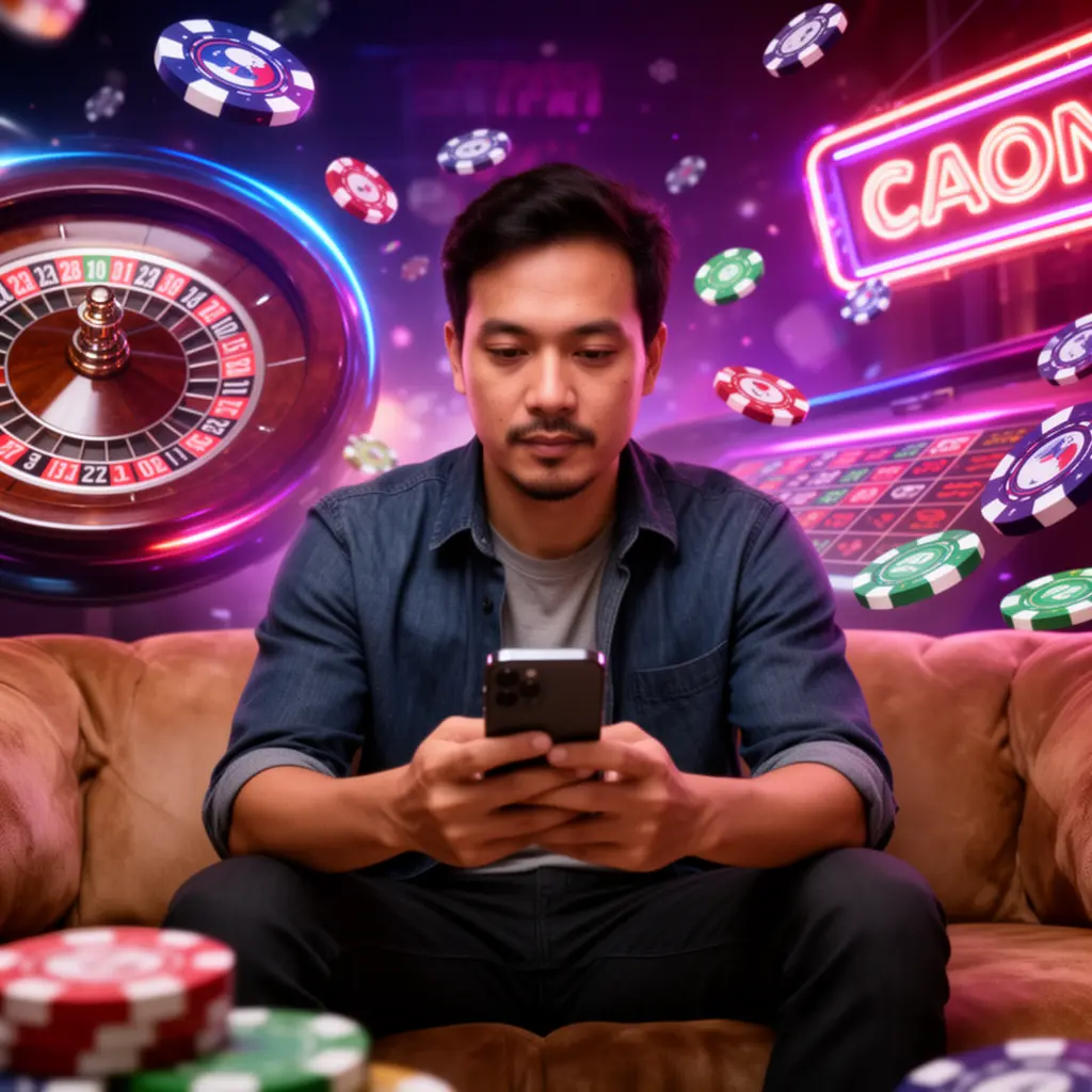 Stylish Malaysian man relaxing on a sofa while using the WOW888 mobile casino app surrounded by glowing roulette wheels poker chips and neon casino visuals