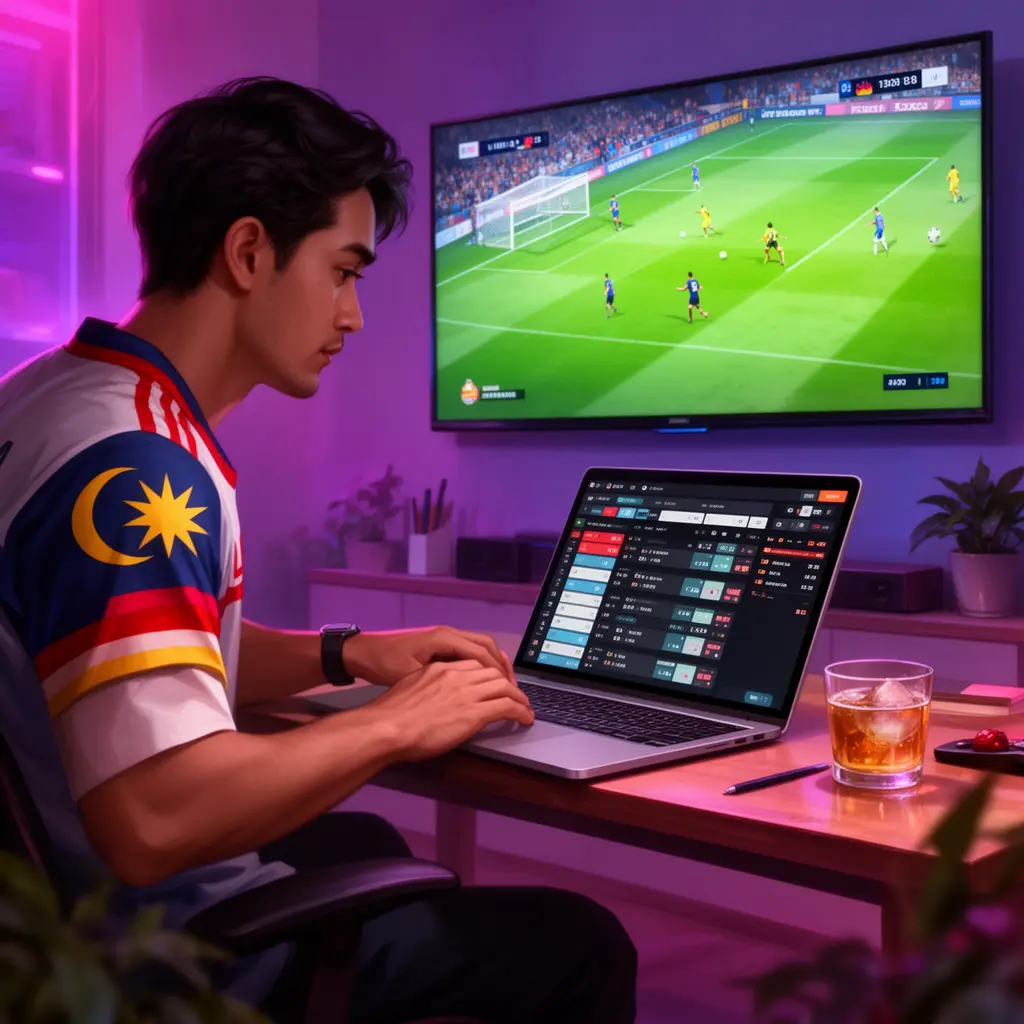 Focused Malaysian bettor placing sports bets on a laptop with live soccer action on TV while using the WOW888 betting platform