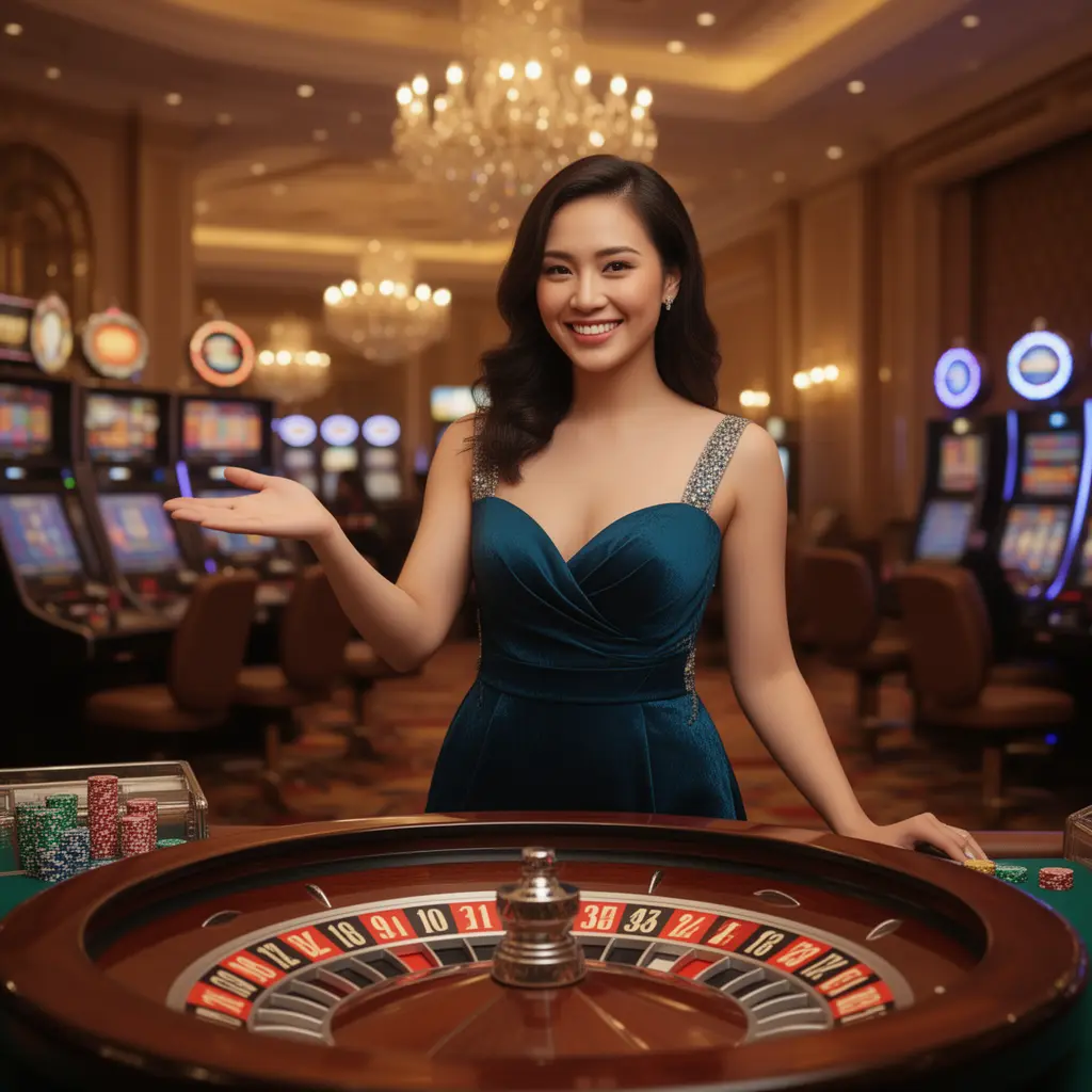 Smiling live casino host at a roulette table surrounded by luxury decor highlighting the premium WOW888 live casino experience for players in Malaysia