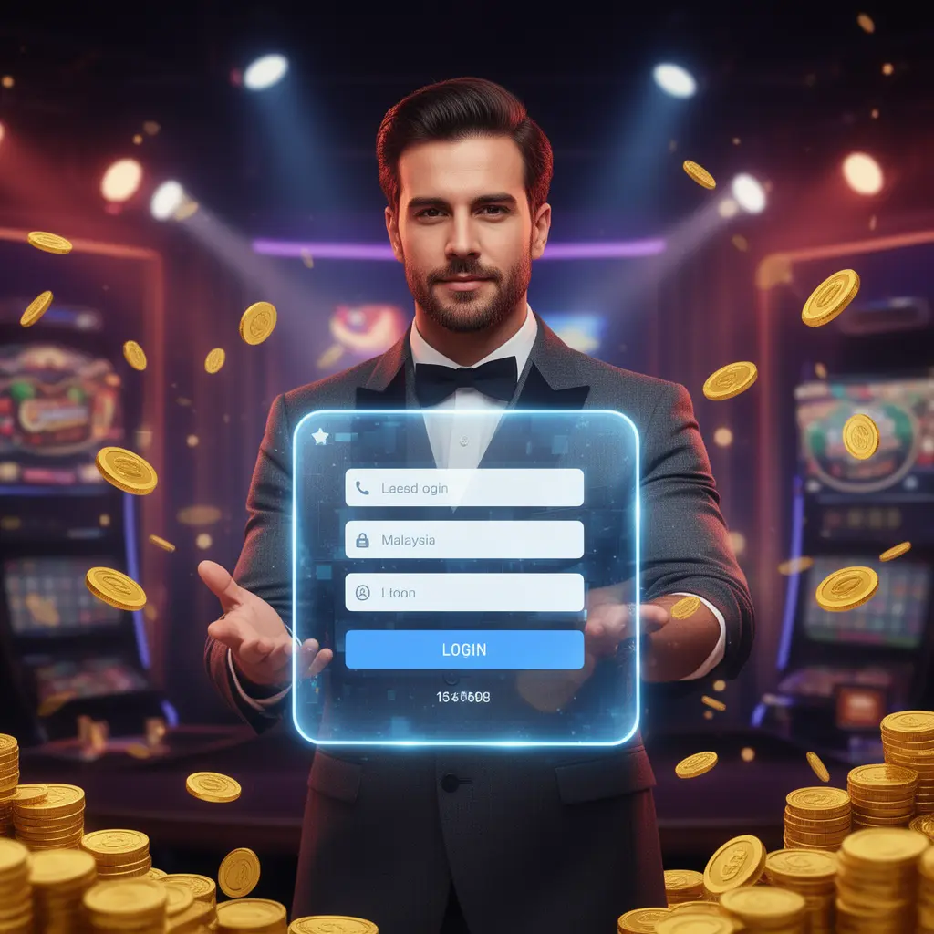 Elegant WOW888 live dealer standing inside a glowing login interface with floating casino coins highlighting premium access for players in Malaysia