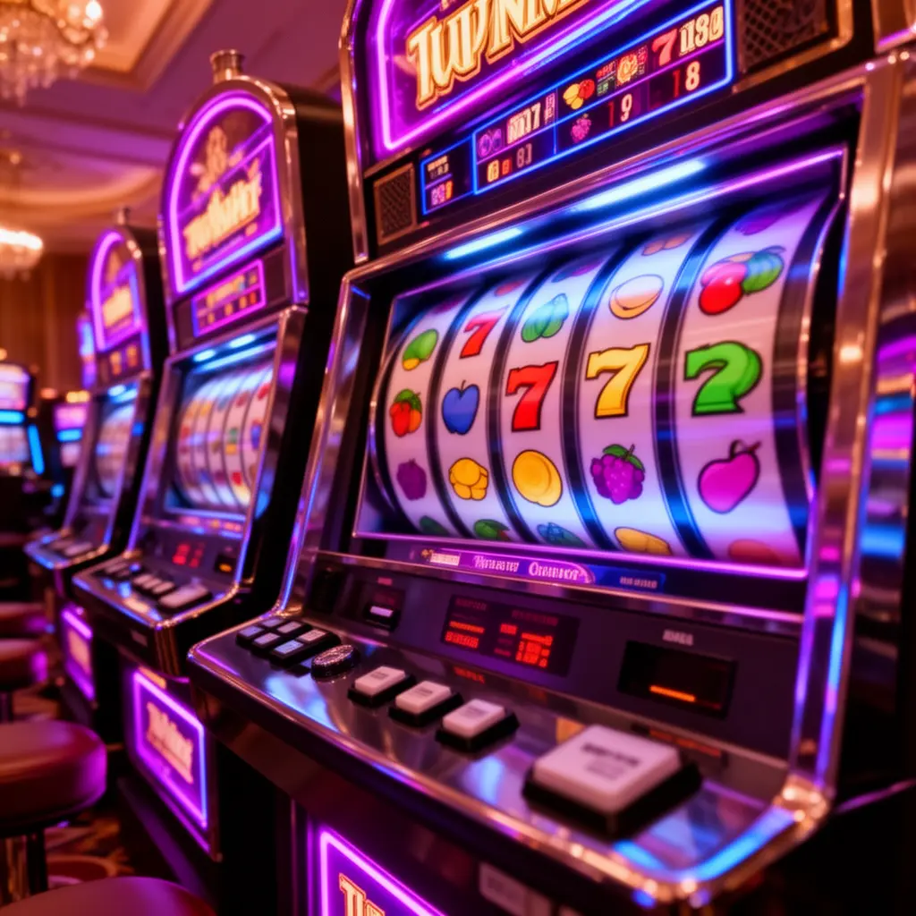 A vibrant row of classic slot machines with colorful symbols and bright lights reflecting the immersive slot experience offered by WOW888 for players in Malaysia